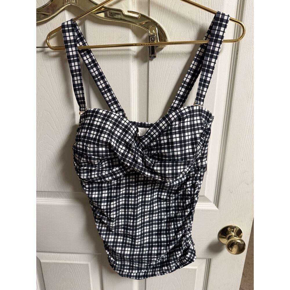 Anne Cole Twist Front Bandeau Tankini Swim Top Strap Checkered Black White XL 16